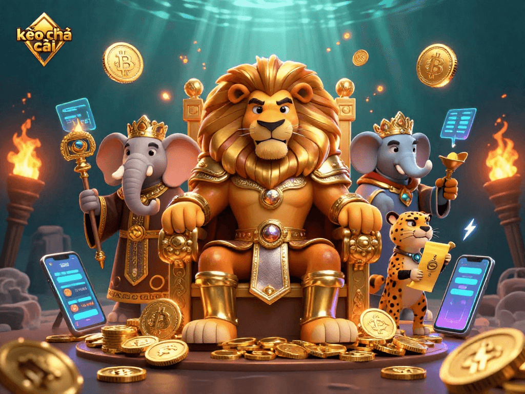 Bet on kèo nhà cái with our 3D casino scene featuring a fierce lion king, elephant advisor, and cheetah messenger.