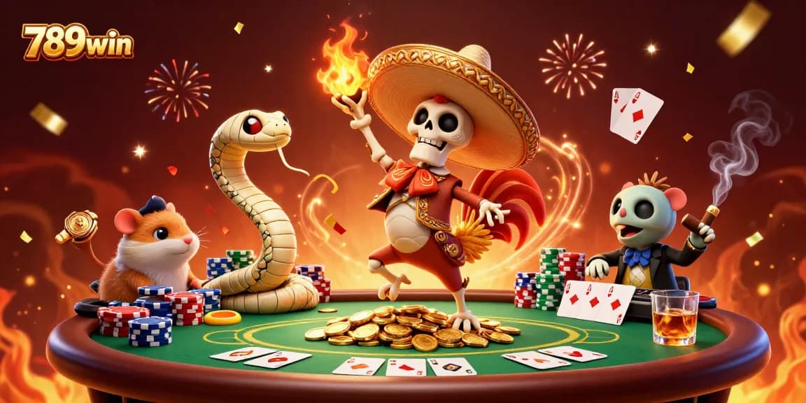 Experience the thrill of 789win as a mariachi rooster celebrates amidst golden casino treasures.