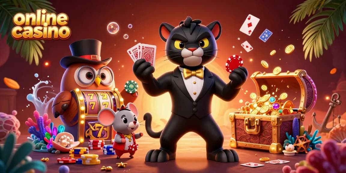 Engaging online casino scene featuring a stylish black panther dealing cards with playing chips and a treasure chest of coins.