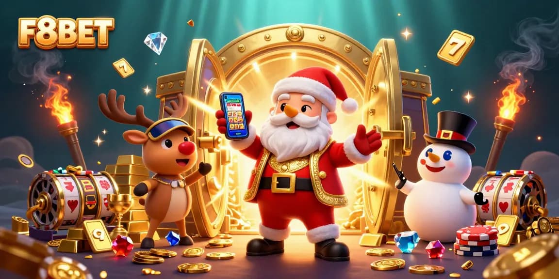 Experience F8BET's winning allure with Santa, his reindeer dealer, and a poker chip snowman amid jackpots and treasure.