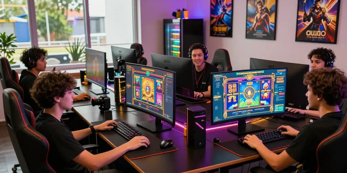 Friends excitedly strategizing for bandar slot resmi game in a colorful gaming setup.