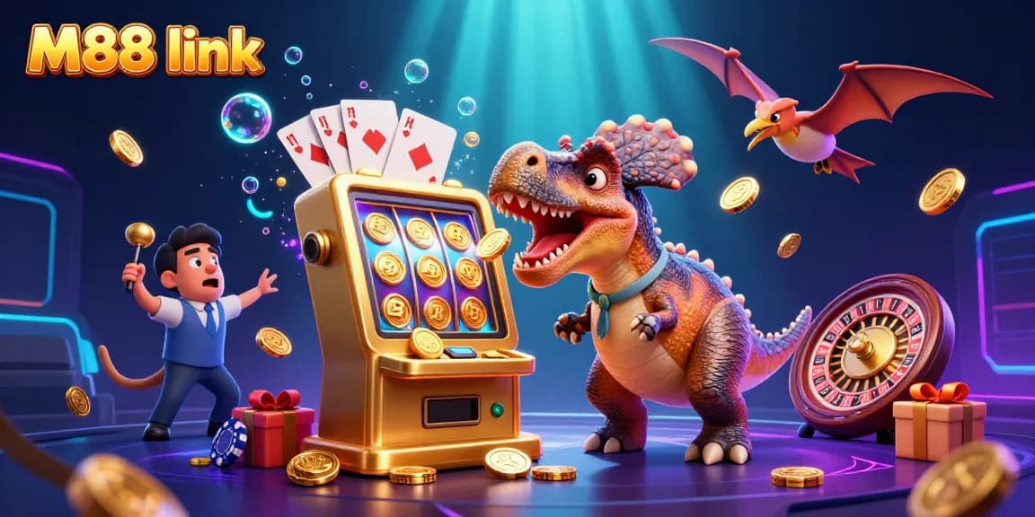 M88 link menggambarkan karakter kartun dinosaur yang beraksi di dunia kasino, menang jackpot emas.