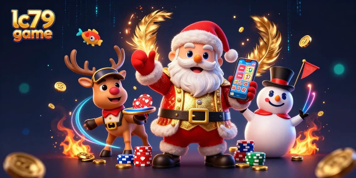 Bắn cá LC79 game hấp dẫn với Santa, tuần lộc và người tuyết đang chơi game trong khung cảnh lôi cuốn