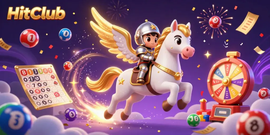 Experience thrilling rewards at HitClub with dynamic lottery elements and a magical character scene.