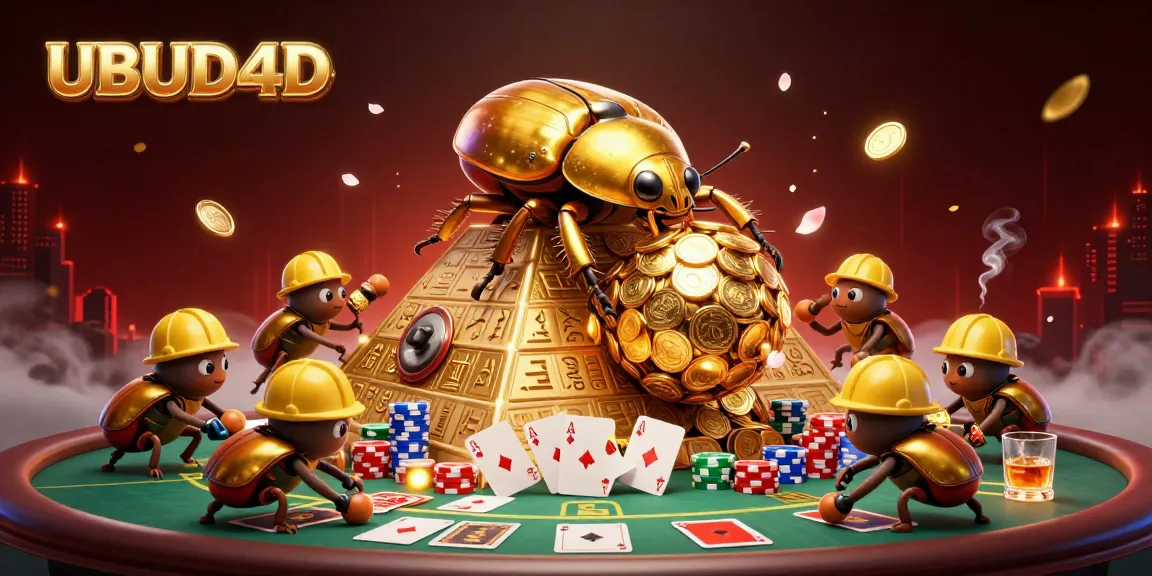 Experience UBUD4D, where a golden dung beetle rolls coins up a pyramid amid festive casino excitement.