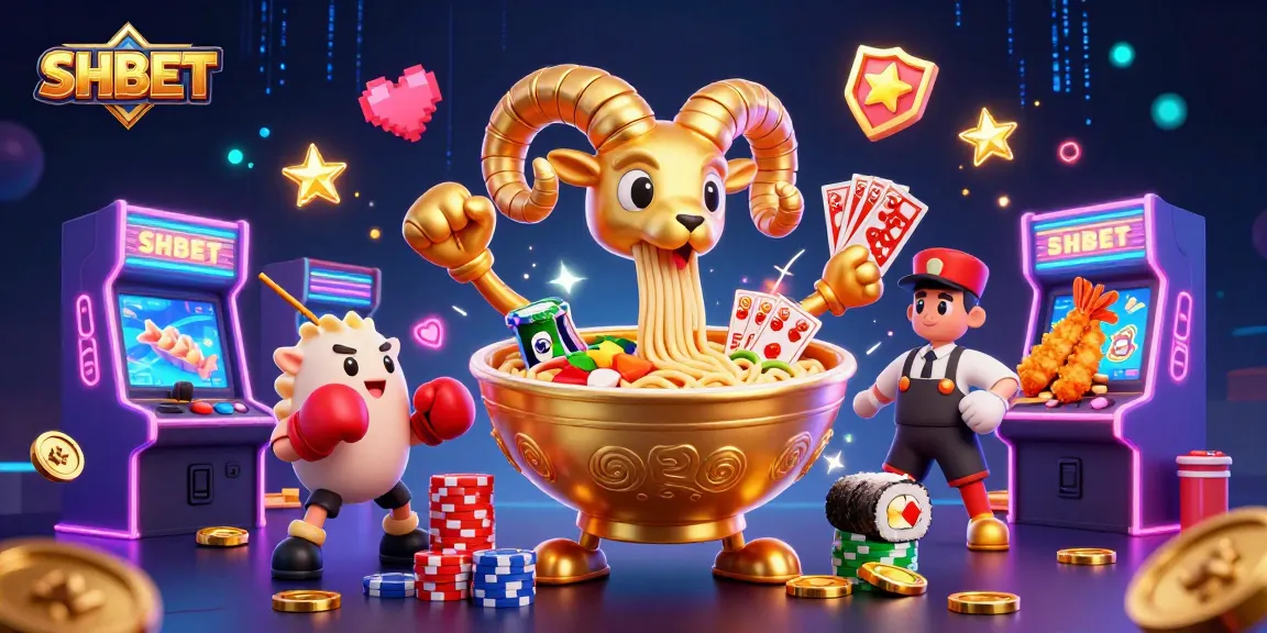 Experience SHBET's vibrant casino action, featuring a giant ramen bowl dealer amidst dynamic gaming elements.