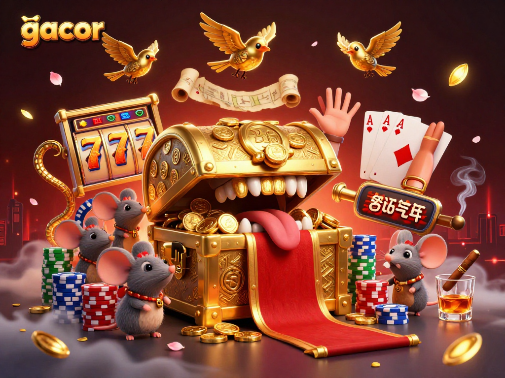 Engage in gacor slot gameplay with vibrant visuals of golden treasures and dynamic casino elements.
