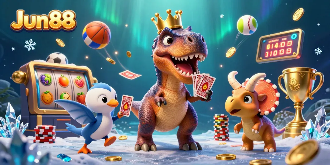 Jun88 brings the fun of gambling with a T-Rex shuffling cards and a triceratops stacking chips in a lively casino scene.