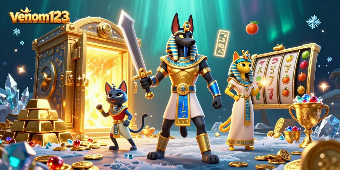 Nikmati permainan slot di venom123 dengan Anubis dan Bastet dalam ilustrasi kasino 3D menarik.