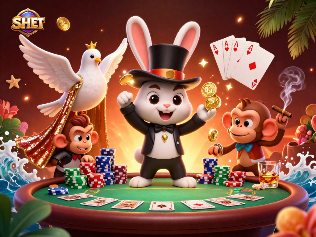 Experience the thrill of SHBET as a magician and his friends reveal treasures in a lively casino scene.