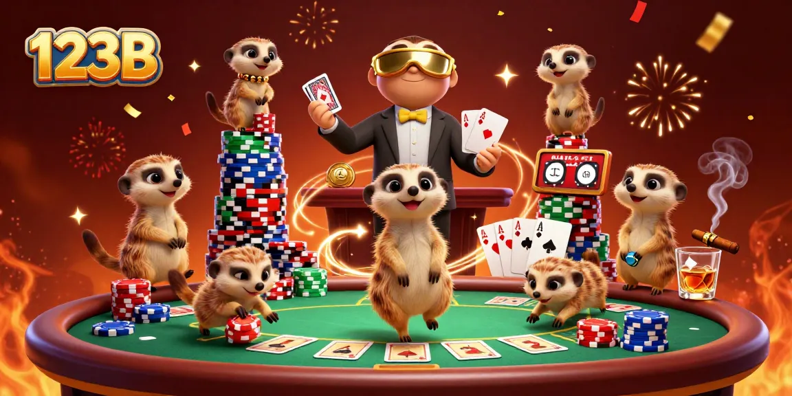 Experience the thrilling action at 123B's vibrant casino with playful meerkats and dynamic gaming elements.