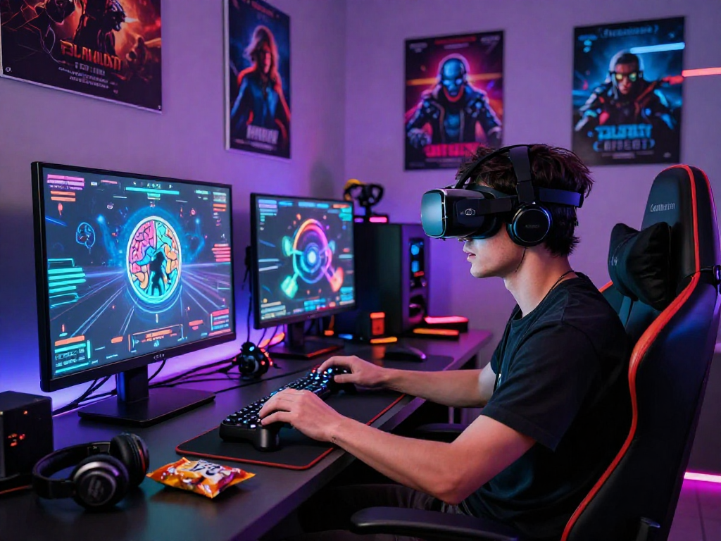 Gamer immersed in mind control porn gaming experience with VR headset and vibrant graphics.