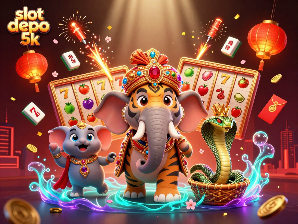 Play exciting slot games with slot depo 5k feature, showcased by a dynamic 3D casino scene.