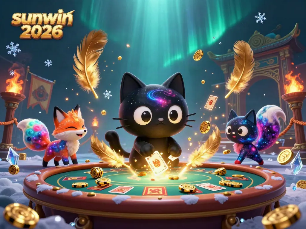 Pulled into the action at sunwin 2026, a black hole cat offers card and chip excitement at a cosmic casino.