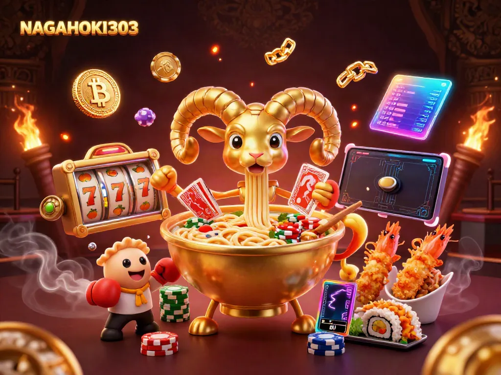 NAGAHOKI303 tampilkan ilustrasi kasino menakjubkan dengan karakter ramen dan elemen slot untuk pemain.