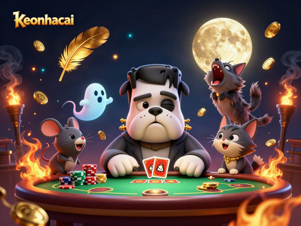 Engage with keonhacai's thrilling table as a bulldog deals cards in a spooky casino scene.