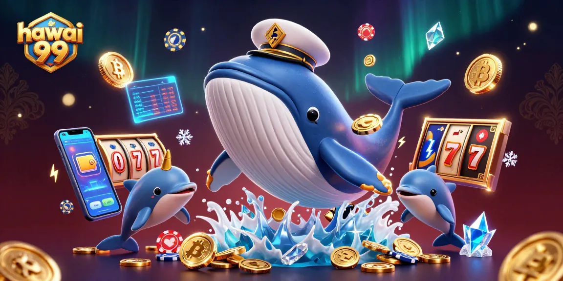 Win big in hawai 99 slots with a whale in captain's coat surrounded by gold coins and playful dolphins.