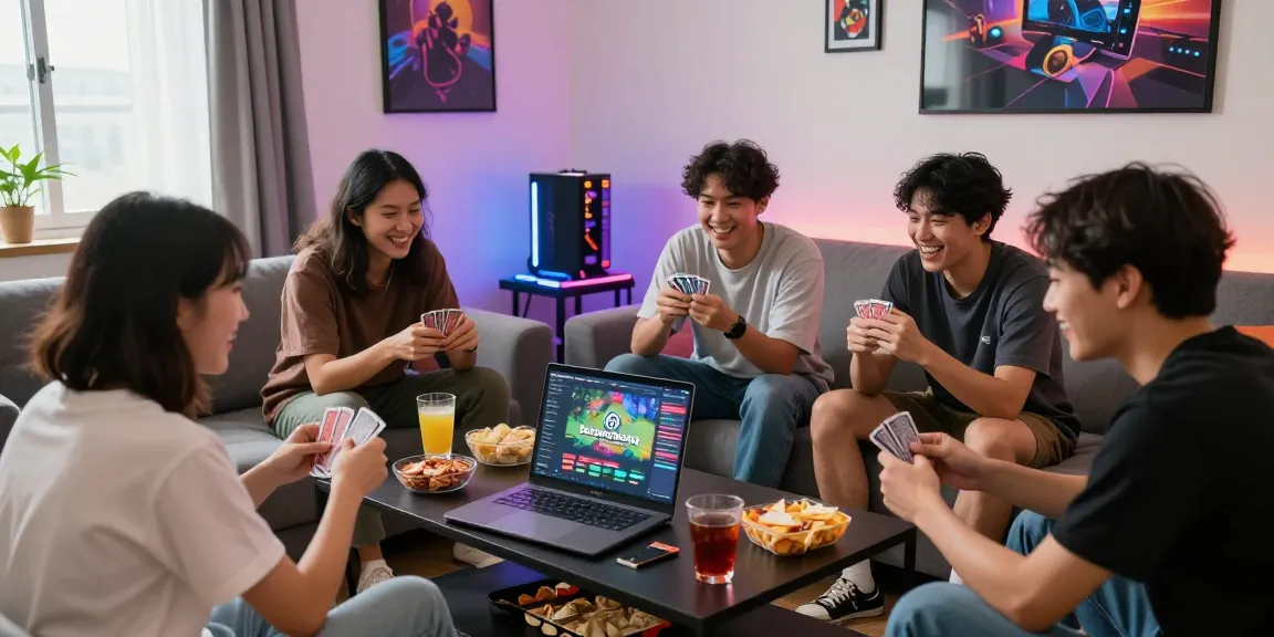 Engaged friends playing gamebaidoithuong in a lively gaming atmosphere.