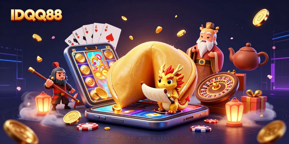 Experience the excitement of IDQQ88 with a vibrant 3D scene featuring a golden fortune cookie and casino elements.