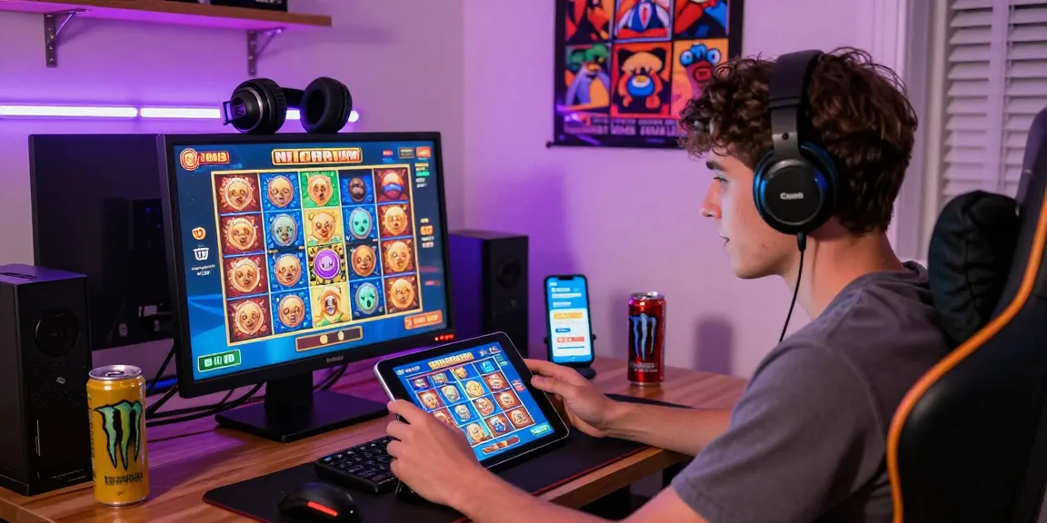 Menang besar di slot jackpot, pemain terlibat dalam permainan slot digital di tablet.