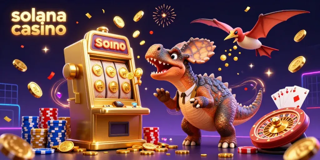 Experience exciting wins at solana casino with a pachycephalosaurus celebrating a jackpot.