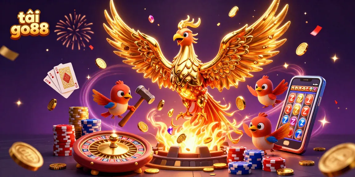 Engage your luck with tải go88 in a vibrant, dynamic casino scene featuring a molten gold phoenix.