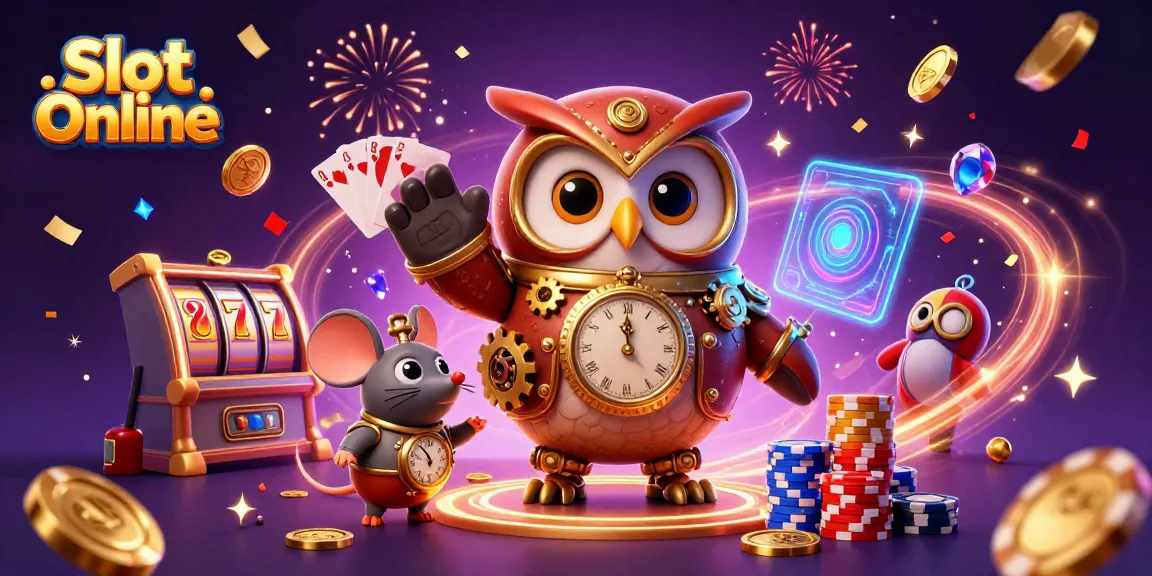 Spin and win with Slot Online as a time-traveling owl and mouse showcase vibrant casino elements.