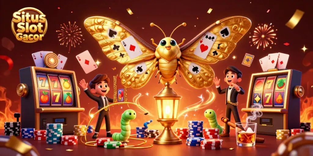 Situs Slot Gacor menghadirkan ilustrasi kasino yang meriah dengan kupu-kupu 3D dan mesin slot yang bersinar.