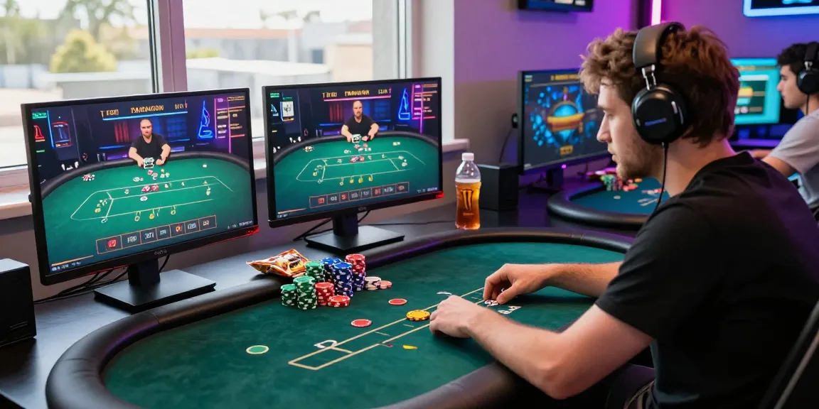 Pemain dewapoker yang antusias bermain poker online di meja gaming modern dengan layar besar dan suasana energik.