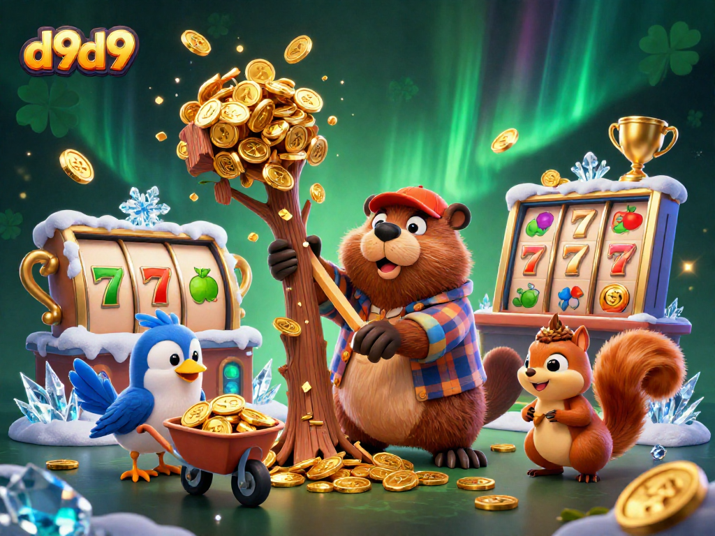 Kasama ang d9d9, ang beaver, ibon, at squirrel ay naglalaro sa may mga ginto at slot reels.