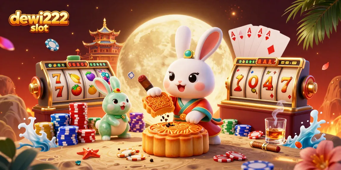 Experience thrilling dewi222 slot action with a whimsical moon rabbit scene showcasing vibrant slot elements and rich colors.