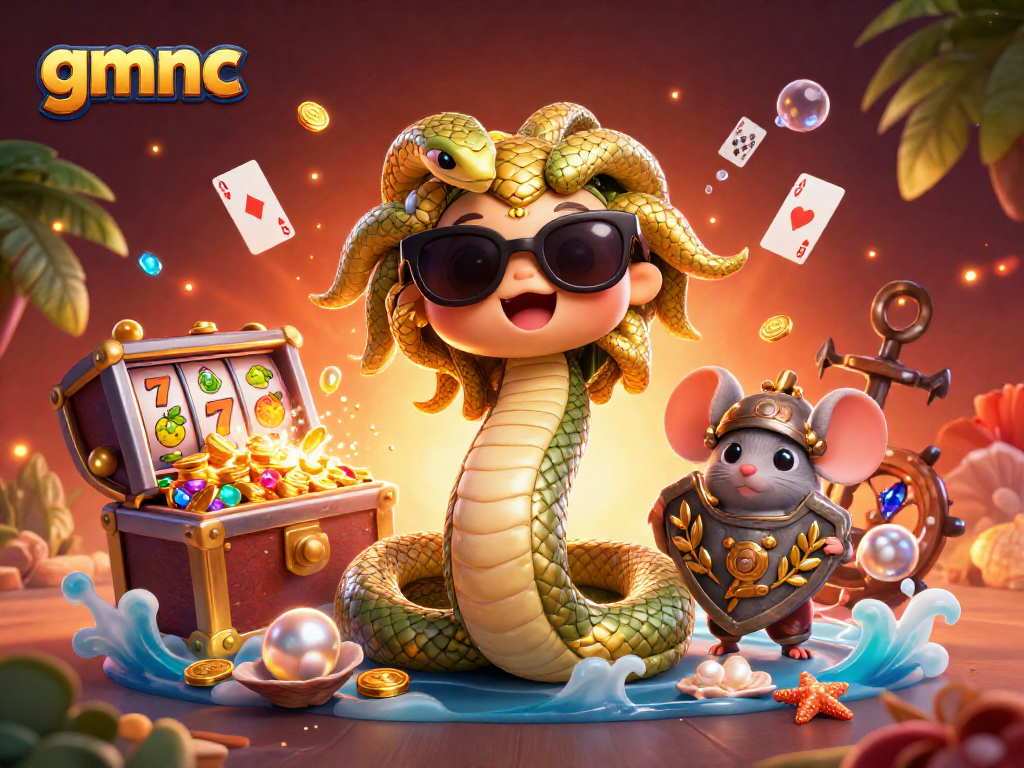 Spin winnings at gmnc with a lively Medusa and mouse warrior amidst casino treasures.