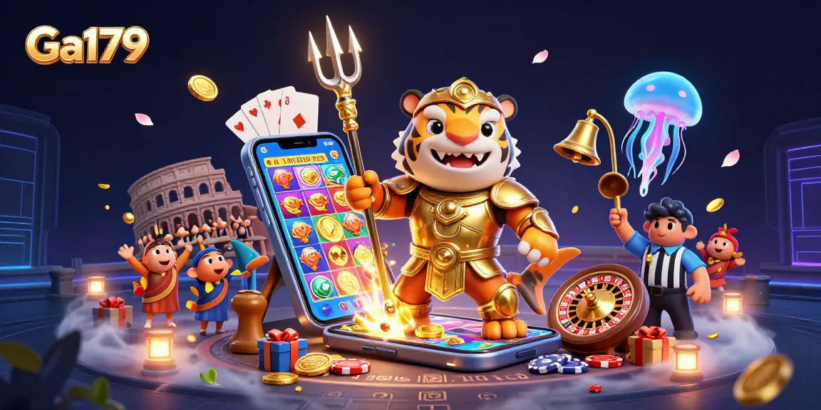 Engage with the thrilling Ga179 underwater casino scene featuring a golden-armored tiger shark surrounded by energetic gaming elements.