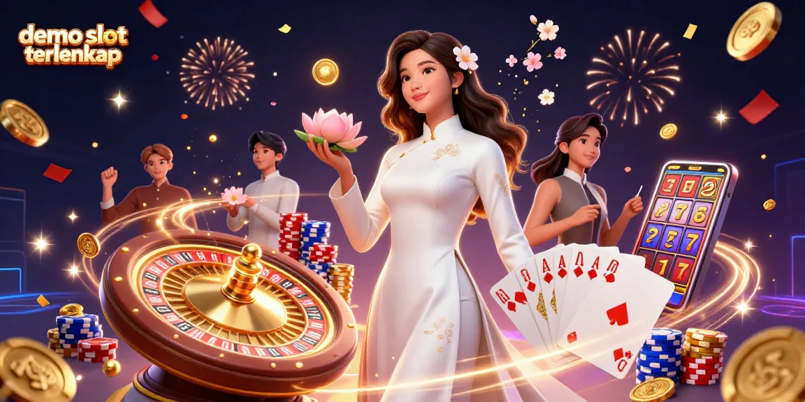 Experience demo slot terlengkap with vibrant 3D characters and casino elements in an engaging illustration.
