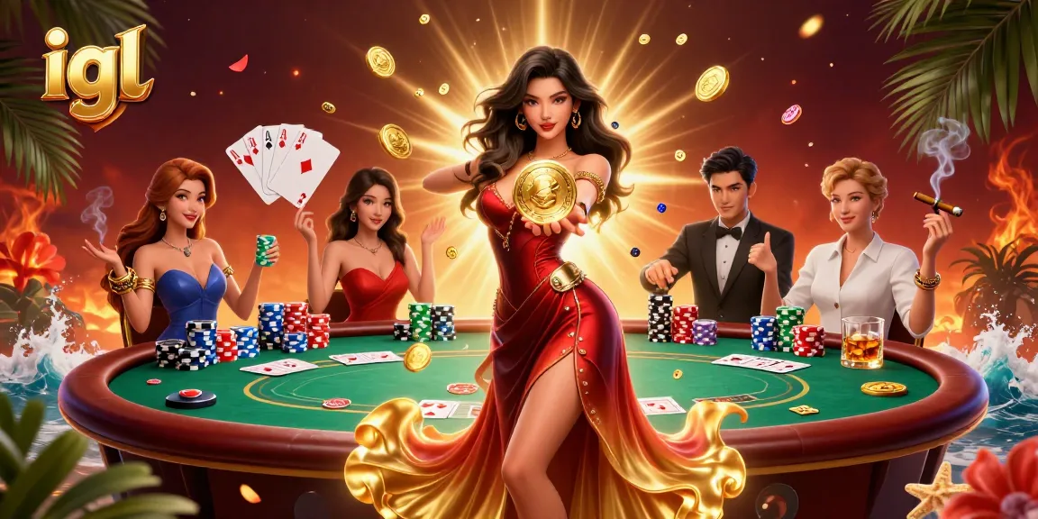 Experience the thrill of casino action with igl, vibrant illustration of a stunning Asian woman surrounded by chips and cards.