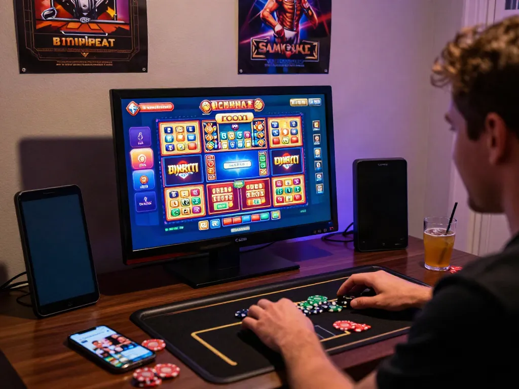 A person enjoying an engaging online casino game on their laptop at home, featuring akunjp gaming graphics.