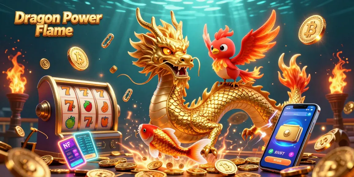 Spin the reels with Dragon Power Flame, featuring a golden dragon, phoenix, and koi in a vibrant gambling scene.