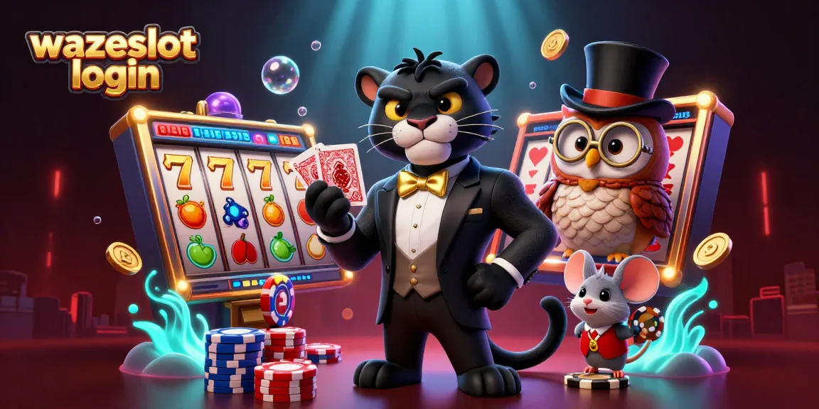 Spin and win big with WAZESLOT login among colorful slots and festive casino characters.