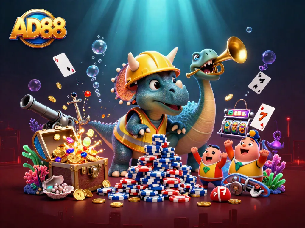 AD88 features a triceratops celebrating with poker chips and dynamic casino elements.