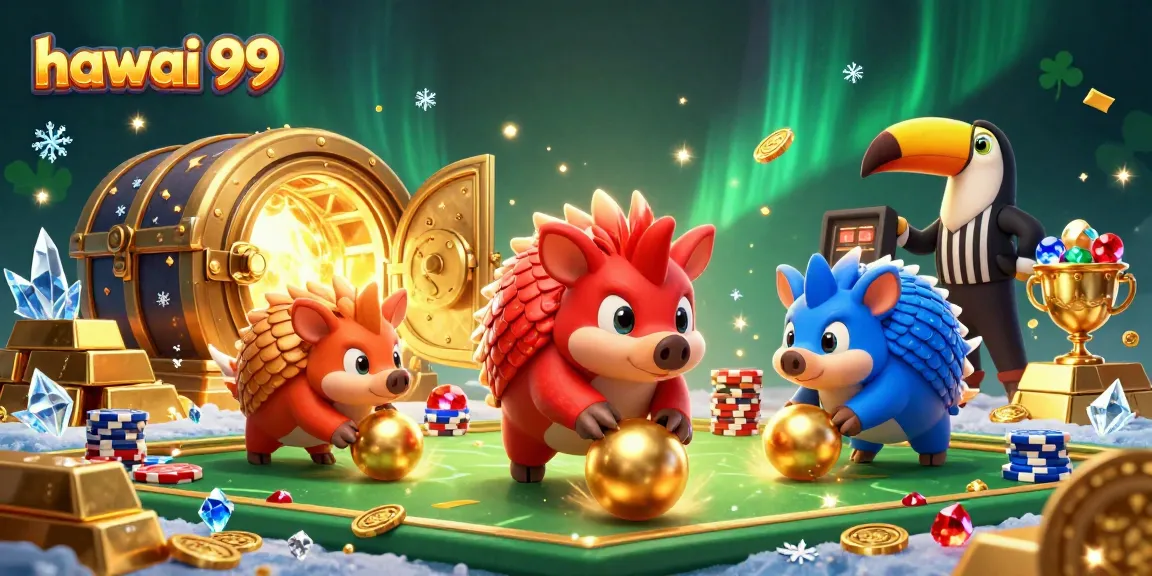 Experience the vibrant competition of hawai 99 as rival pangolins roll poker chips amidst dazzling treasures.