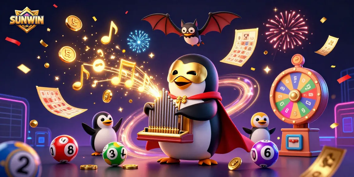 Engage in thrilling SUNWIN gaming with a vibrant scene of a penguin and acrobat in a casino.