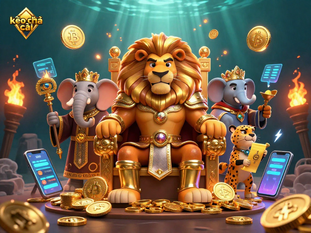 Bet on kèo nhà cái with our 3D casino scene featuring a fierce lion king, elephant advisor, and cheetah messenger.