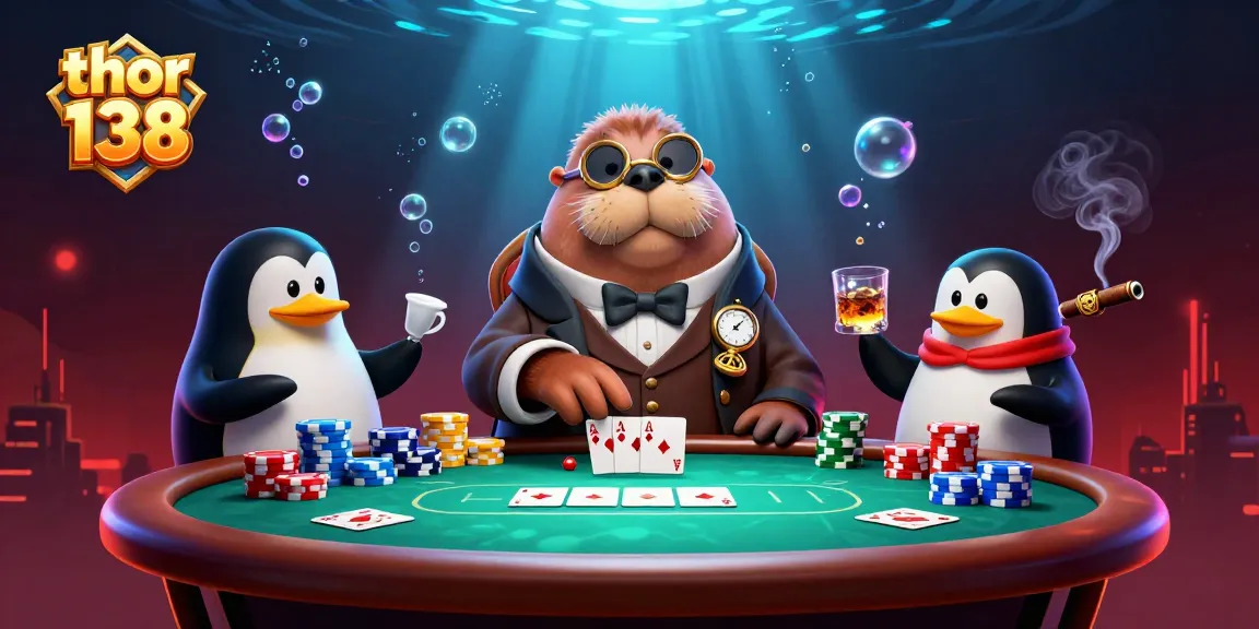 Menggertak di meja poker bersama thor 138, walrus, penguin dealer, dan ikan bellowing.