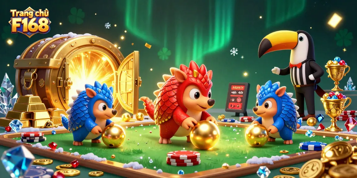 Experience thrilling games at Trang chủ F168 with animated pangolins bowling through poker chips, showcasing excitement.