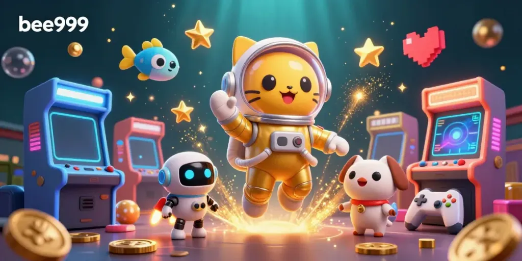 Engage with bee999's thrilling atmosphere featuring a cosmic cat and robot dog in an adventurous galaxy.