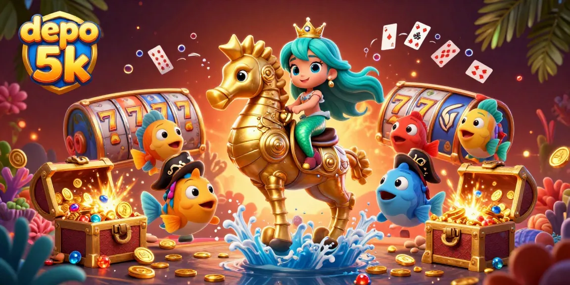 Win big with depo 5k as a mermaid princess rides a seahorse amidst colorful gambling adventure!