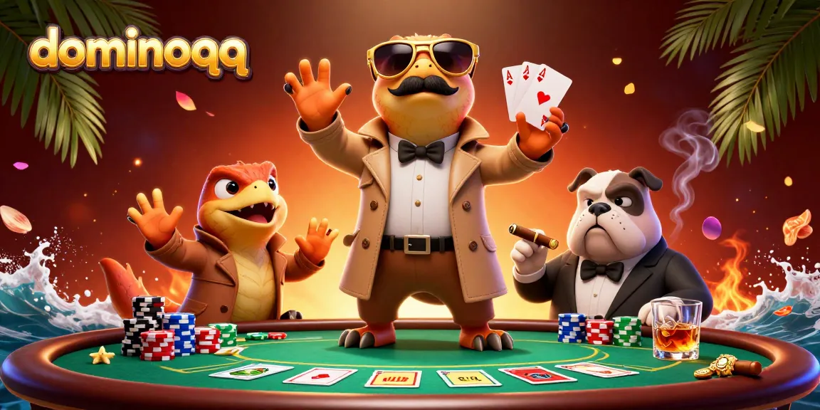 Engage with dominoqq in a vibrant casino scene, featuring raptors and a bulldog bouncer in action.
