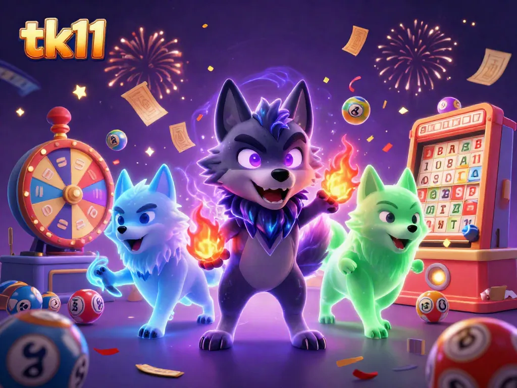 Engage with the captivating tk11 themed casino illustration featuring ghostly wolves and vibrant lottery elements.