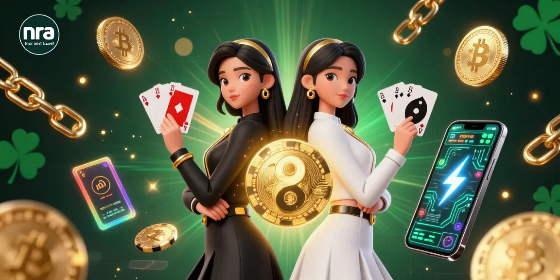 Engage with nra tour and travel as twin Asian women display playing cards in a vibrant 3D casino illustration.