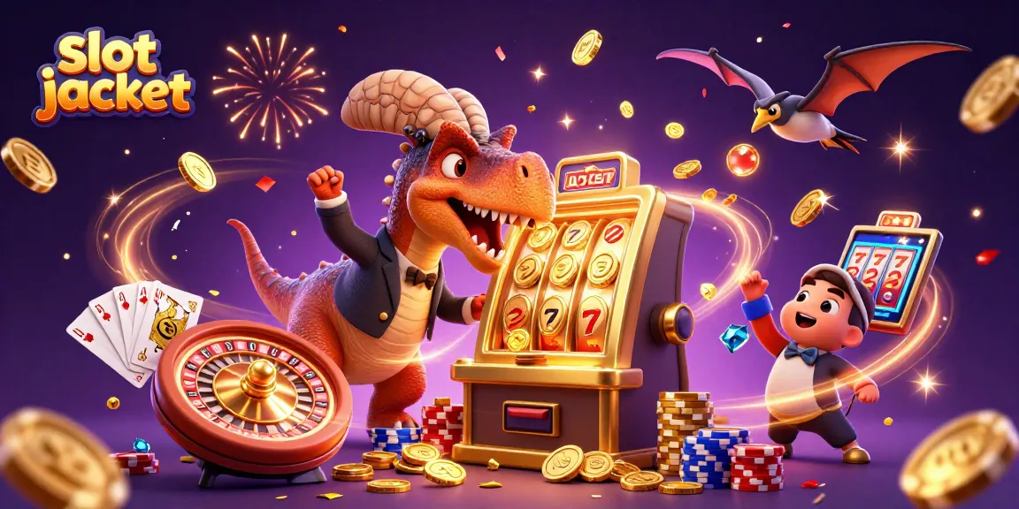 Menghasilkan slot jackpot dengan dinosaurus mendorong mesin slot emas di kasino